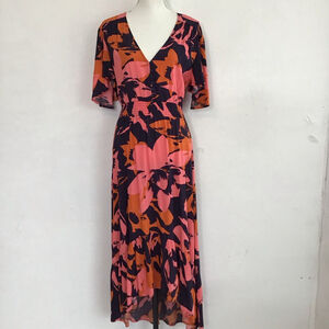 Abel the Label Women Elegant Maxi Dress M Pink Navy Floral V-Neck